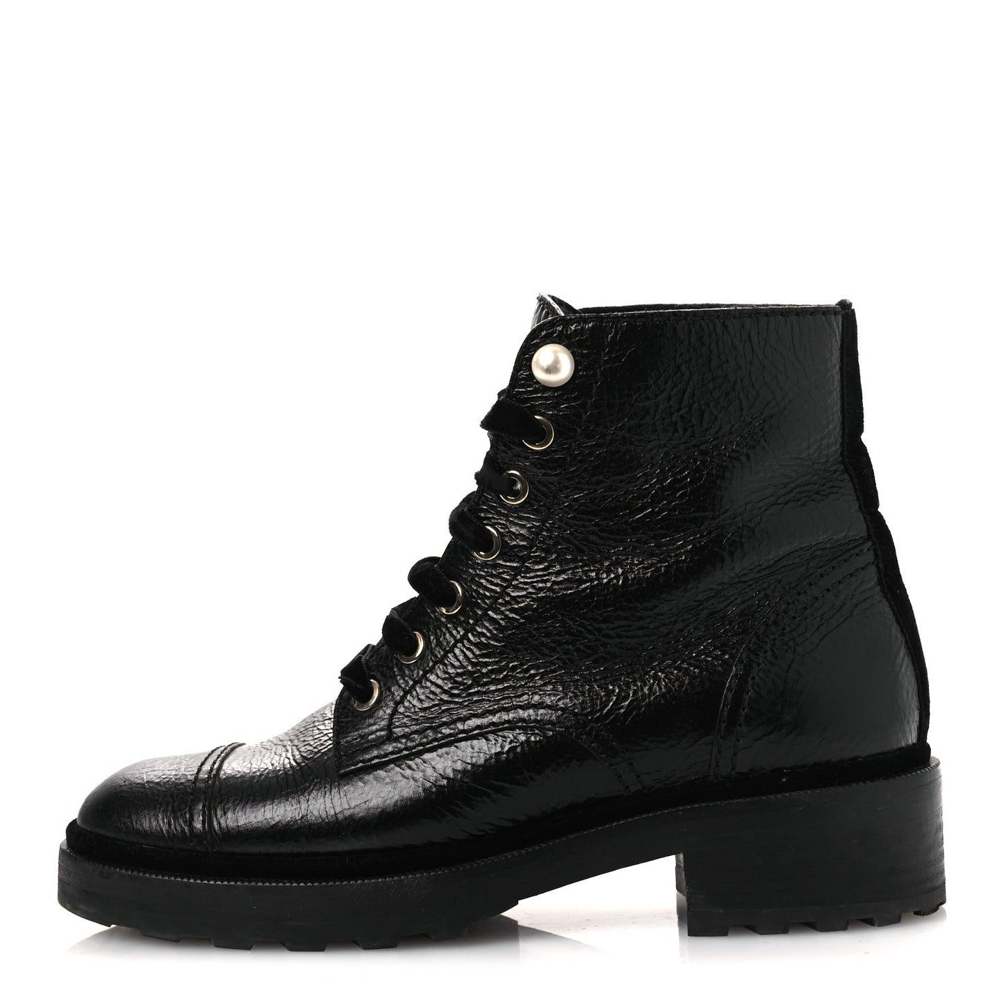 Shiny Calfskin Velvet Pearl Combat Short Boots 38 Black