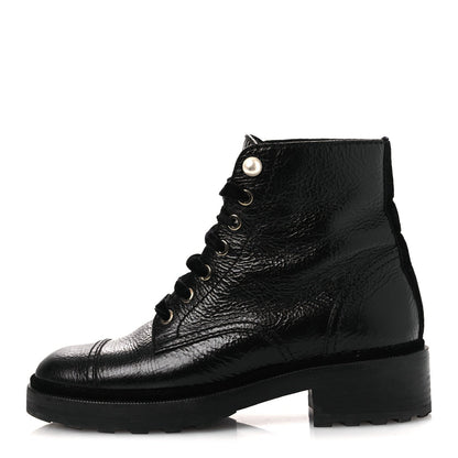 Shiny Calfskin Velvet Pearl Combat Short Boots 38 Black