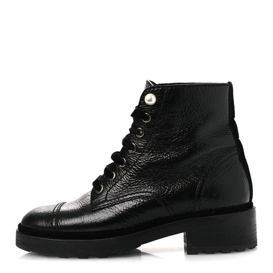 Shiny Calfskin Velvet Pearl Combat Short Boots 38 Black