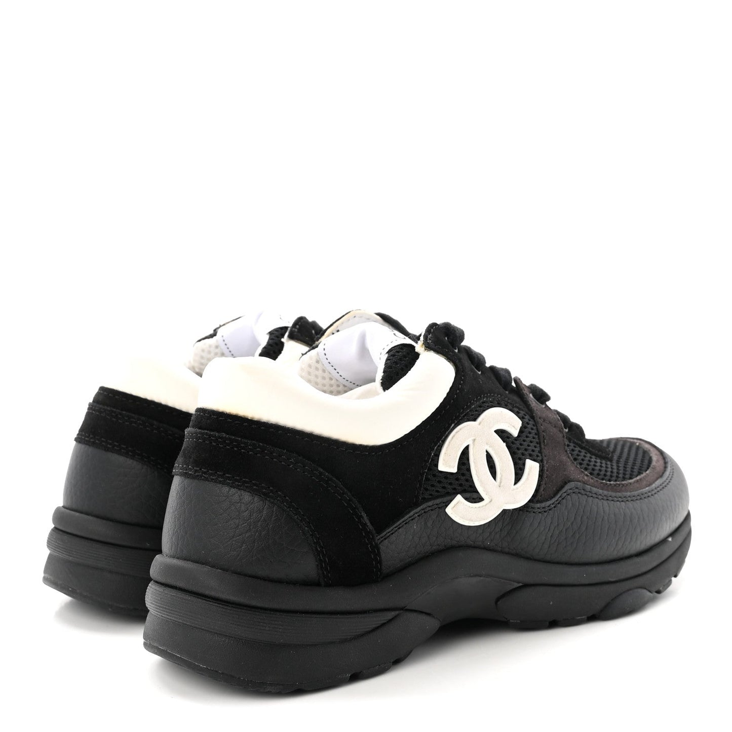 Mesh Suede Grained Calfskin Womens CC Sneakers 37.5 Black White