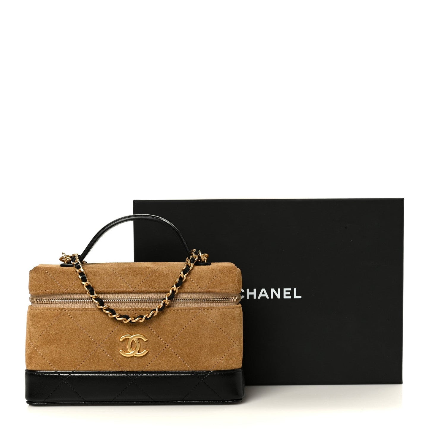 Suede Calfskin Shiny Lambskin Stitched Top Handle Slim Vanity Case With Chain Beige Black