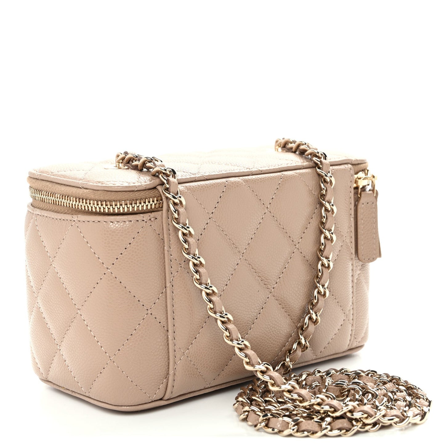 Caviar Quilted Small Vanity Case With Chain Dark Beige