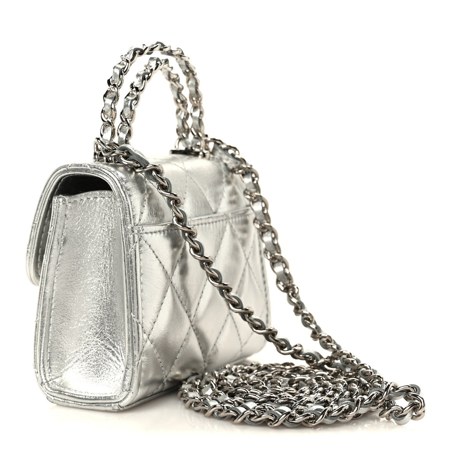Metallic Lambskin Quilted Mini Chain CC Top Handle Clutch With Chain Silver