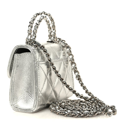 Metallic Lambskin Quilted Mini Chain CC Top Handle Clutch With Chain Silver