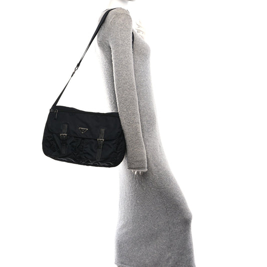 Tessuto Nylon Saffiano Double Buckle Messenger Shoulder Bag Black