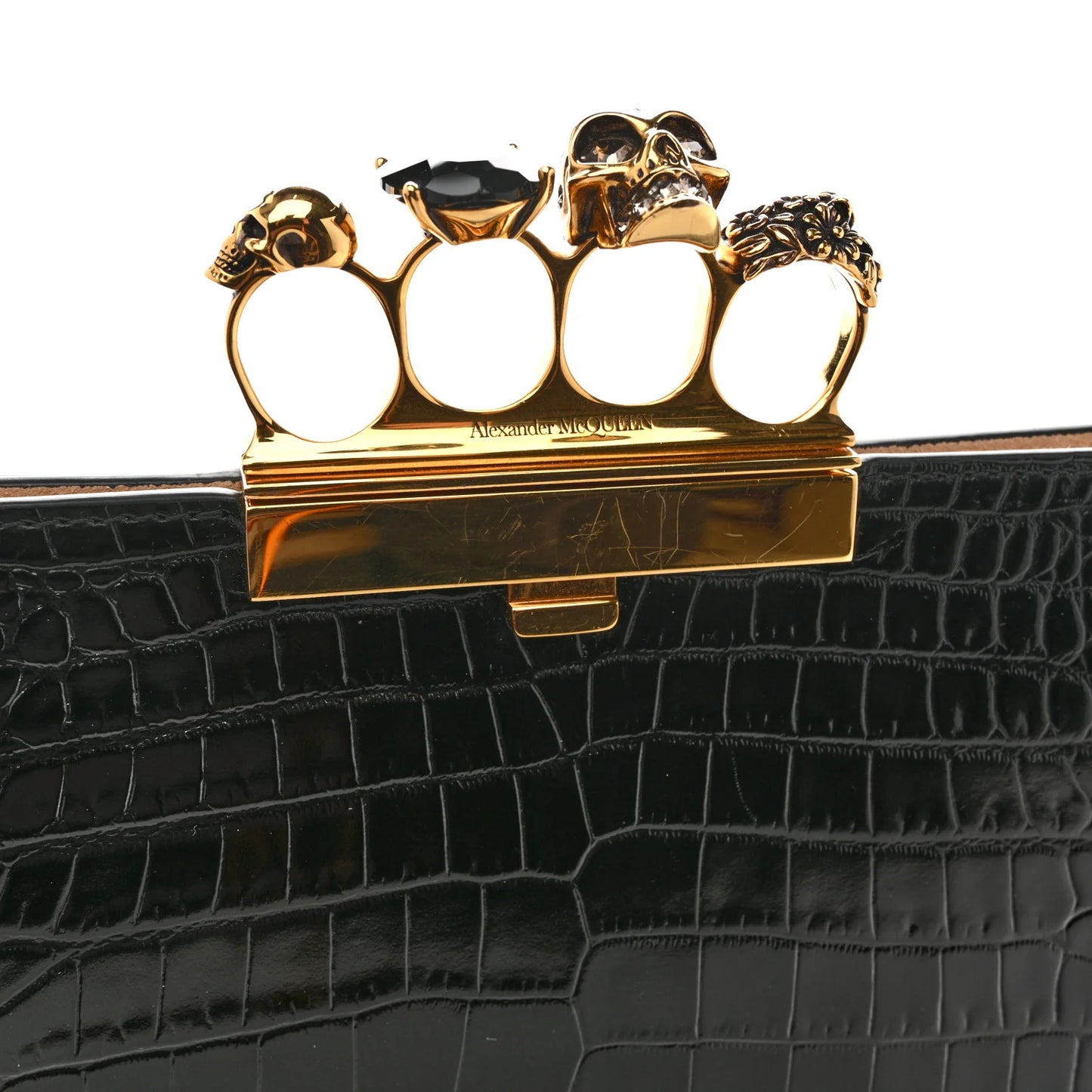 Alexander McQueen Calfskin Crocodile Embossed Knuckle Flat Clutch Black Gold