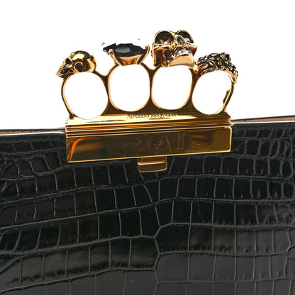 Alexander McQueen Calfskin Crocodile Embossed Knuckle Flat Clutch Black Gold