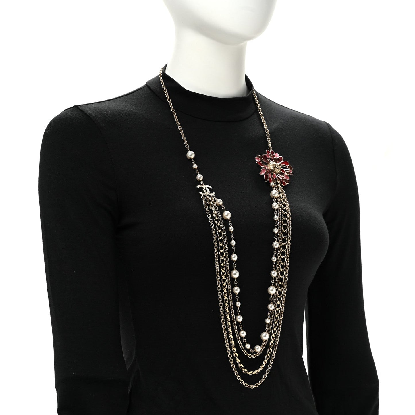 Resin Pearl Metal CC Camellia Multi Strand Long Necklace Gold Pink Multicolor