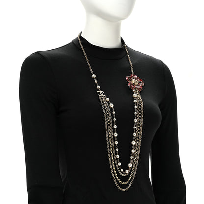 Resin Pearl Metal CC Camellia Multi Strand Long Necklace Gold Pink Multicolor