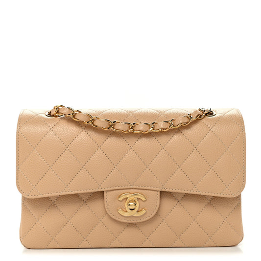Caviar Quilted Small Double Flap Beige