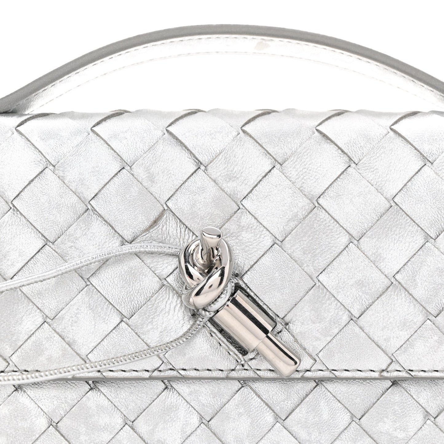 Metallic Lambskin Intrecciato Long Andiamo Top Handle Clutch Silver