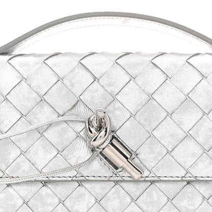 Metallic Lambskin Intrecciato Long Andiamo Top Handle Clutch Silver