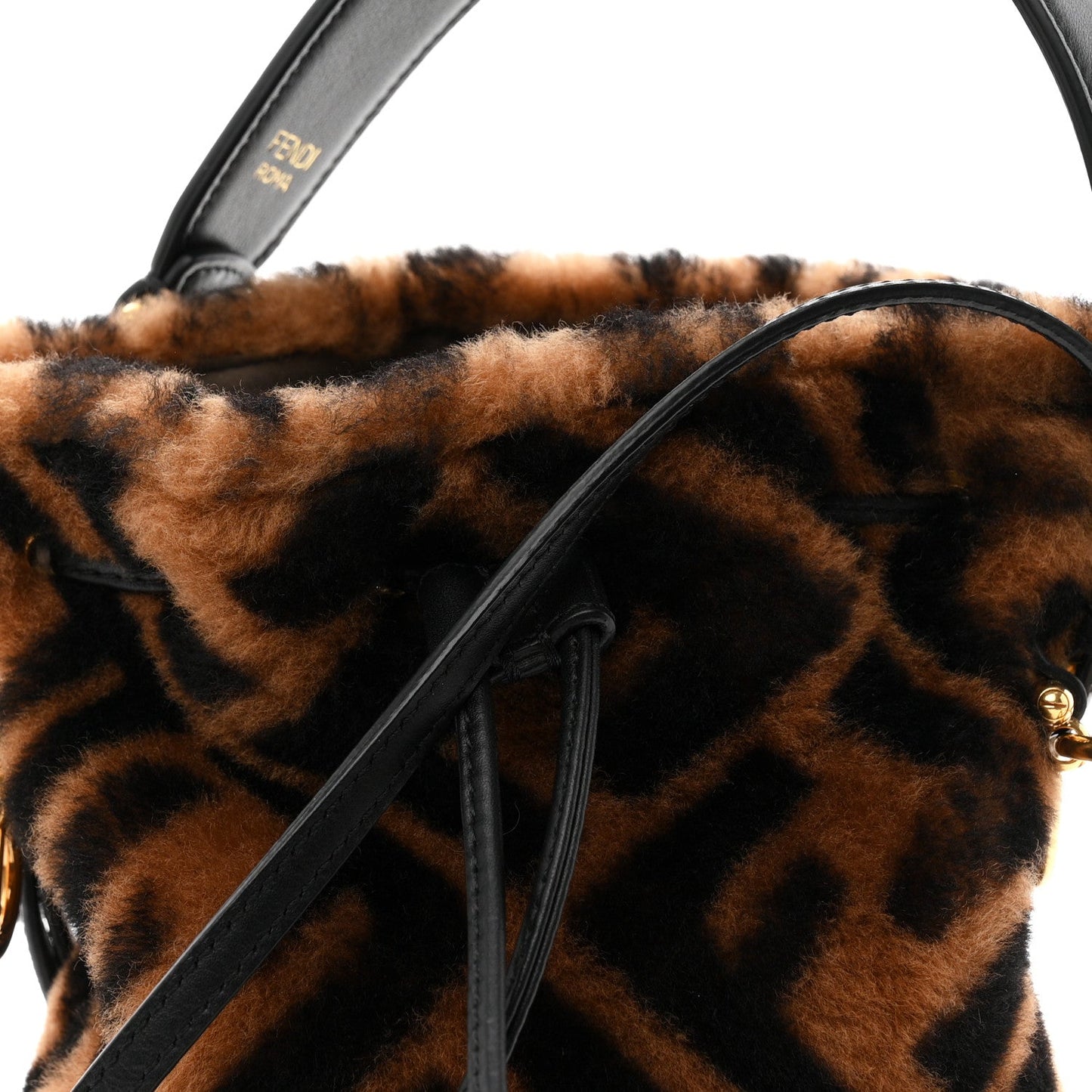 Shearling Vitello Dolce F is Fendi Macro FF 1974 Mini Mon Tresor Bucket Bag Tobacco Black