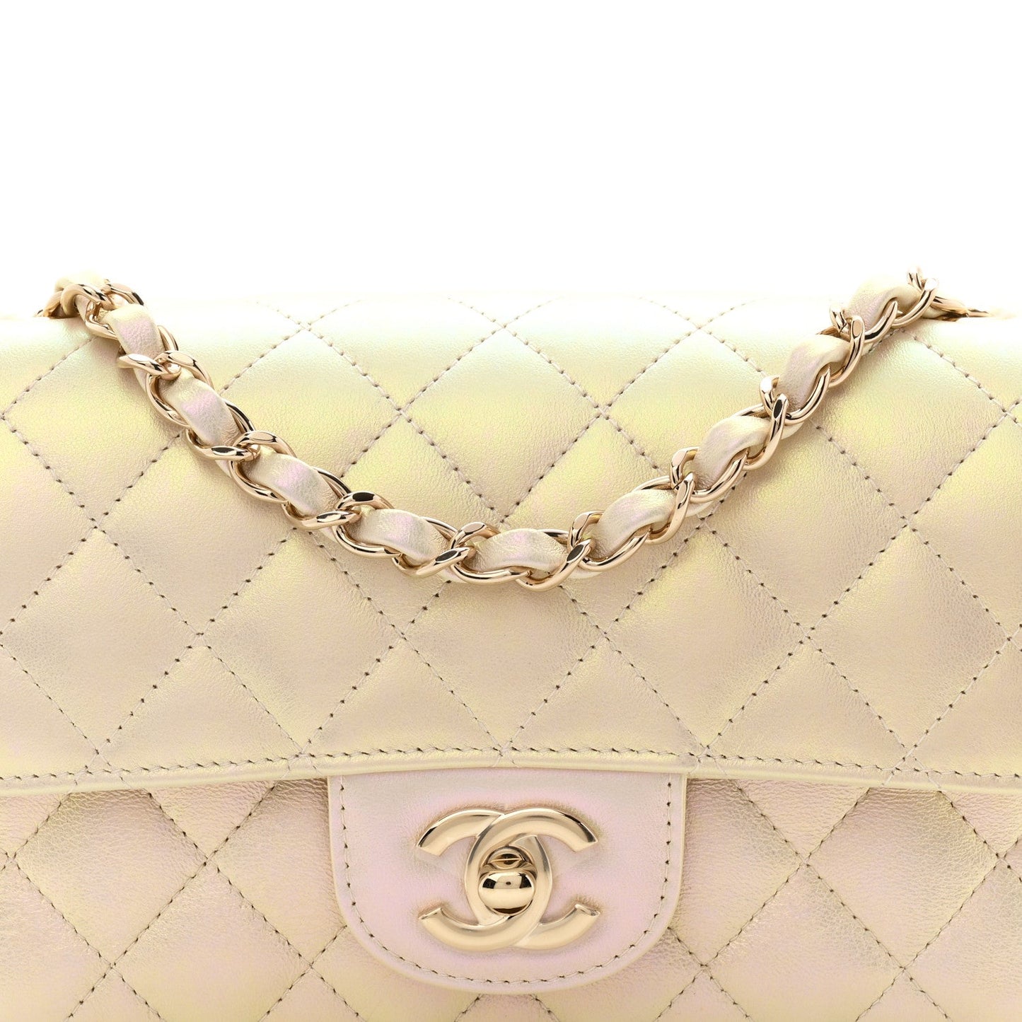 Iridescent Lambskin Quilted Mini Rectangular Flap Ivory