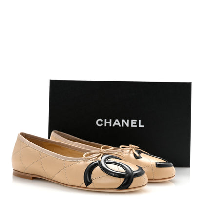 Lambskin Quilted CC Cambon Ballet Flats 38 Beige Black