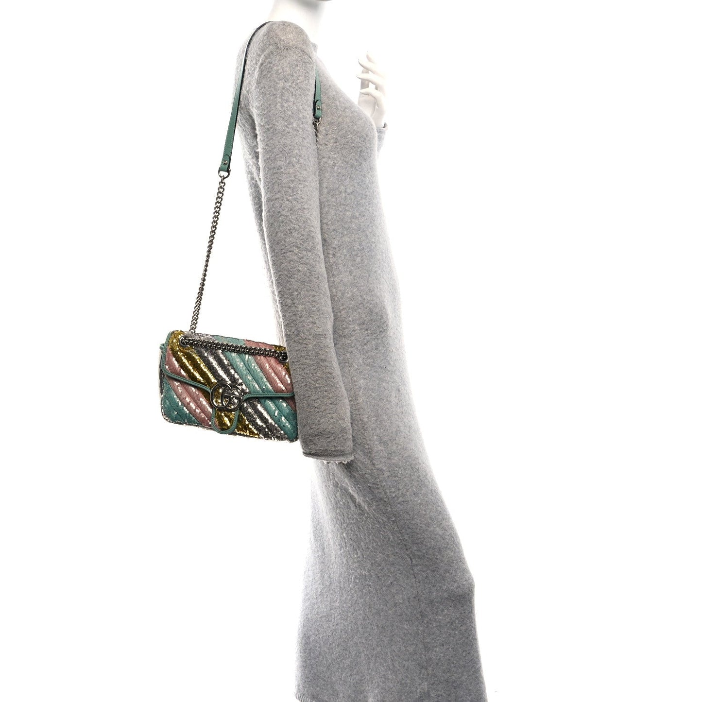 Sequin Satin Calfskin Matelasse Diagonal Small GG Marmont Shoulder Bag Grigio Argento Verde Chiaro Rosa Giallo Light Water Green