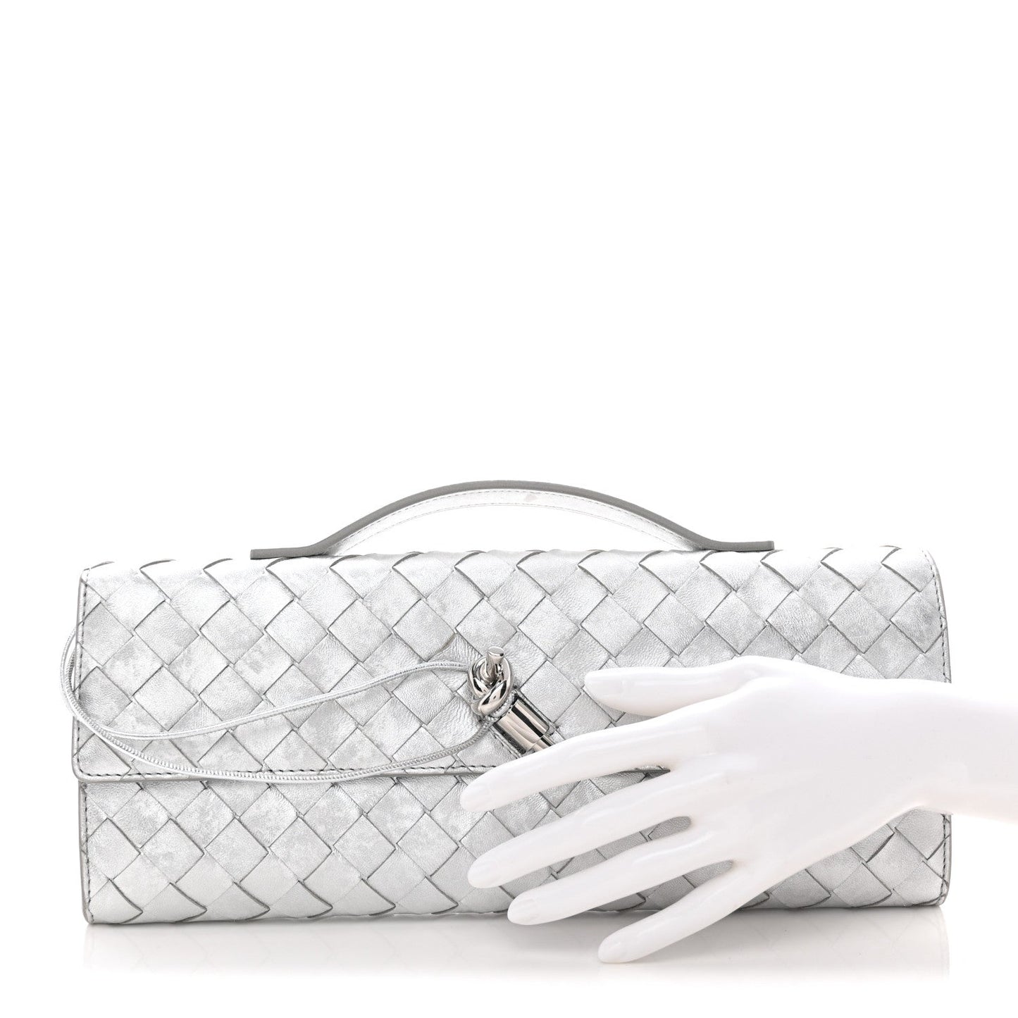 Metallic Lambskin Intrecciato Long Andiamo Top Handle Clutch Silver