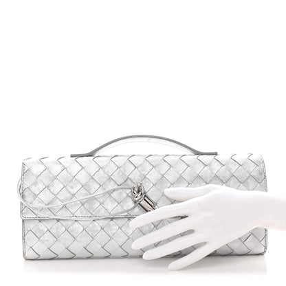 Metallic Lambskin Intrecciato Long Andiamo Top Handle Clutch Silver
