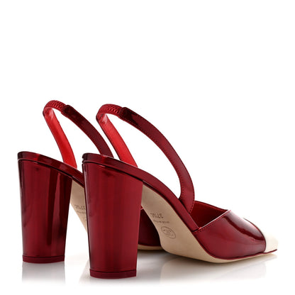 Lambskin Laminated Calfskin Cap Toe CC Slingback Pumps 37.5 Red Ivory