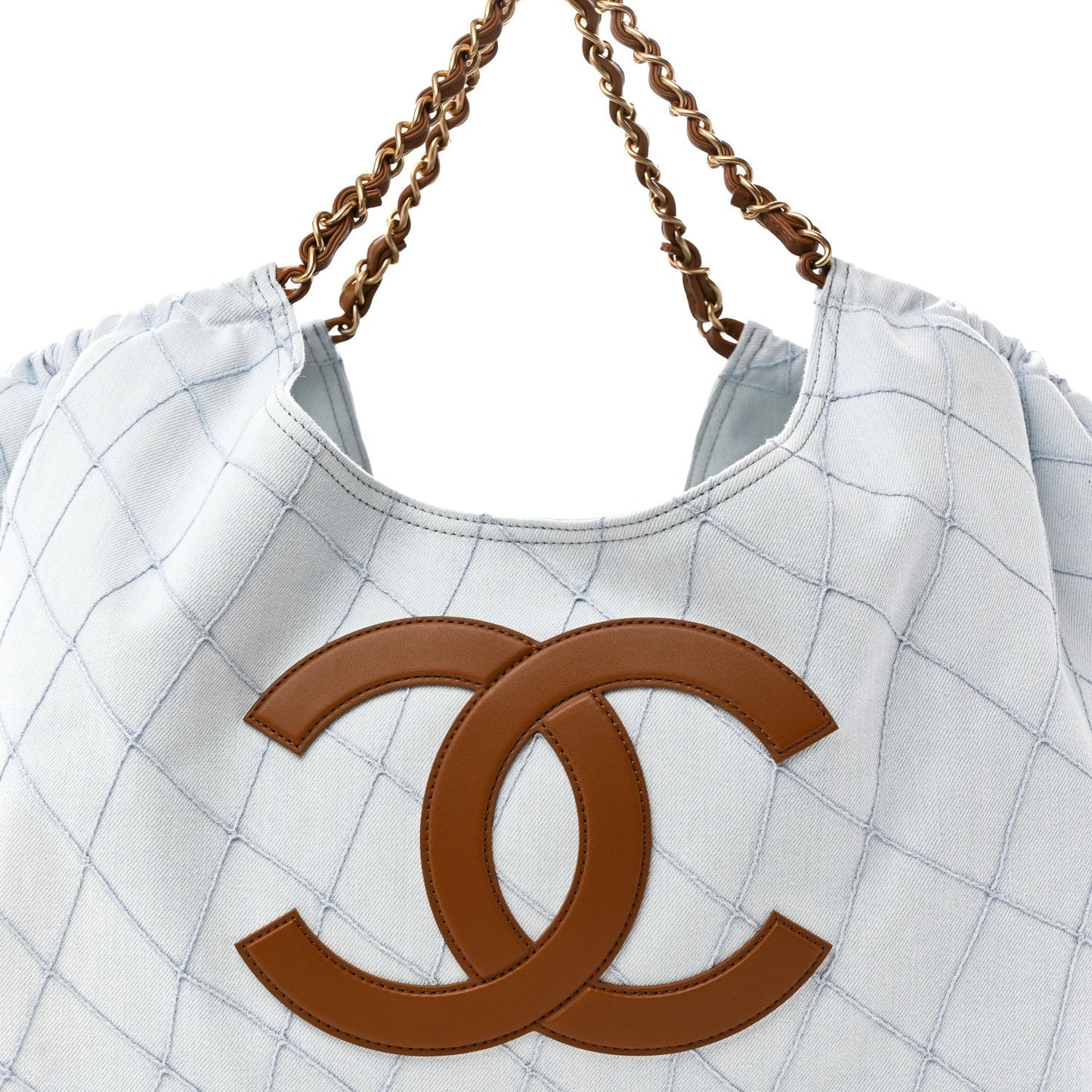 Denim Calfskin Quilted Coco Beach Small Shopping Tote Light Blue Brown