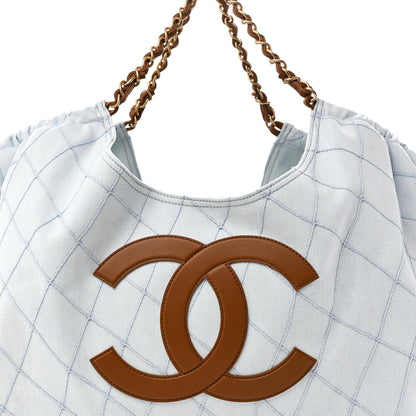 Denim Calfskin Quilted Coco Beach Small Shopping Tote Light Blue Brown