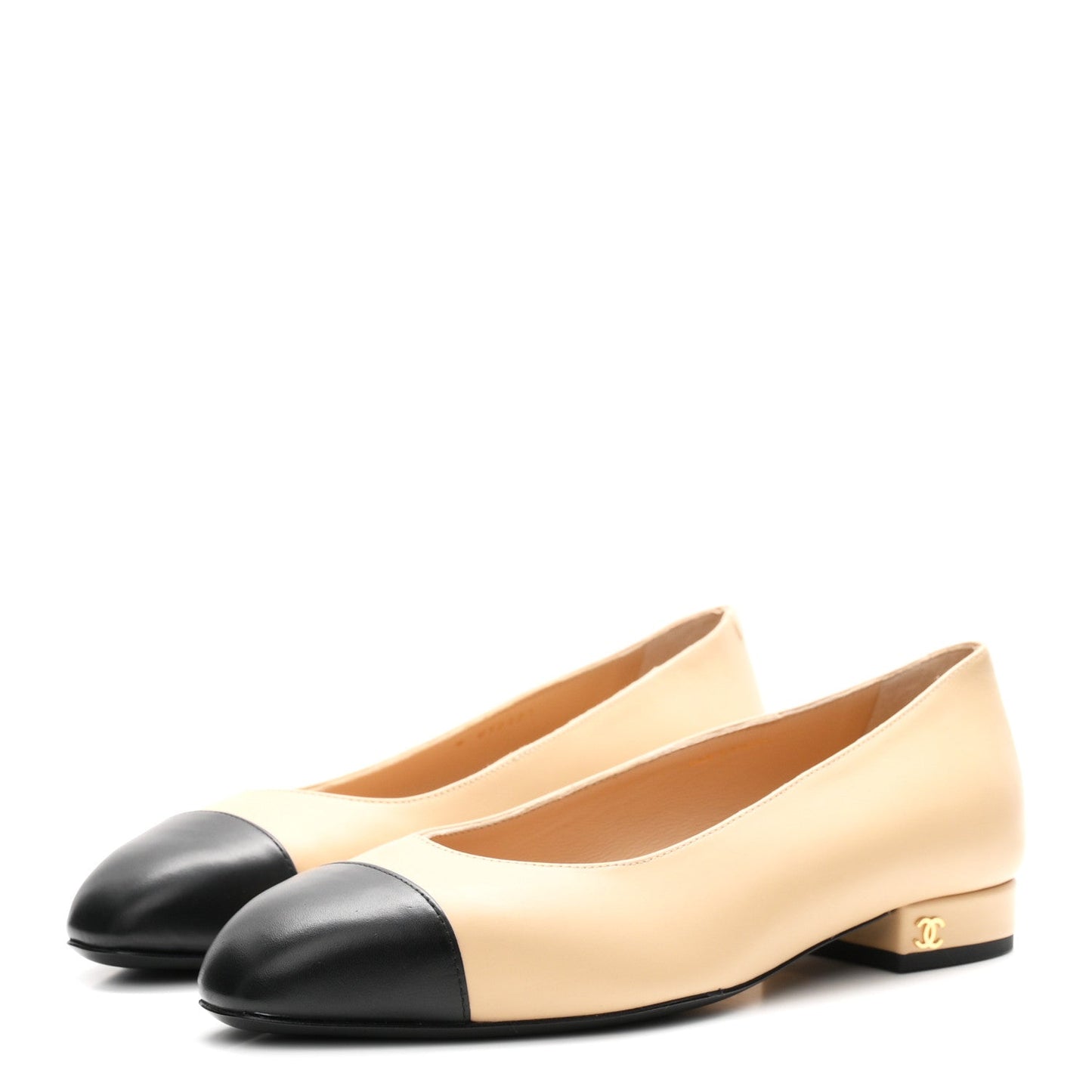 Lambskin Cap Toe CC Uniform Ballerina Flats 38 Beige Black