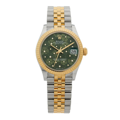 Rolex Stainless Steel 18K Yellow Gold Diamond 31mm Oyster Perpetual Datejust Watch Green Floral 278273
