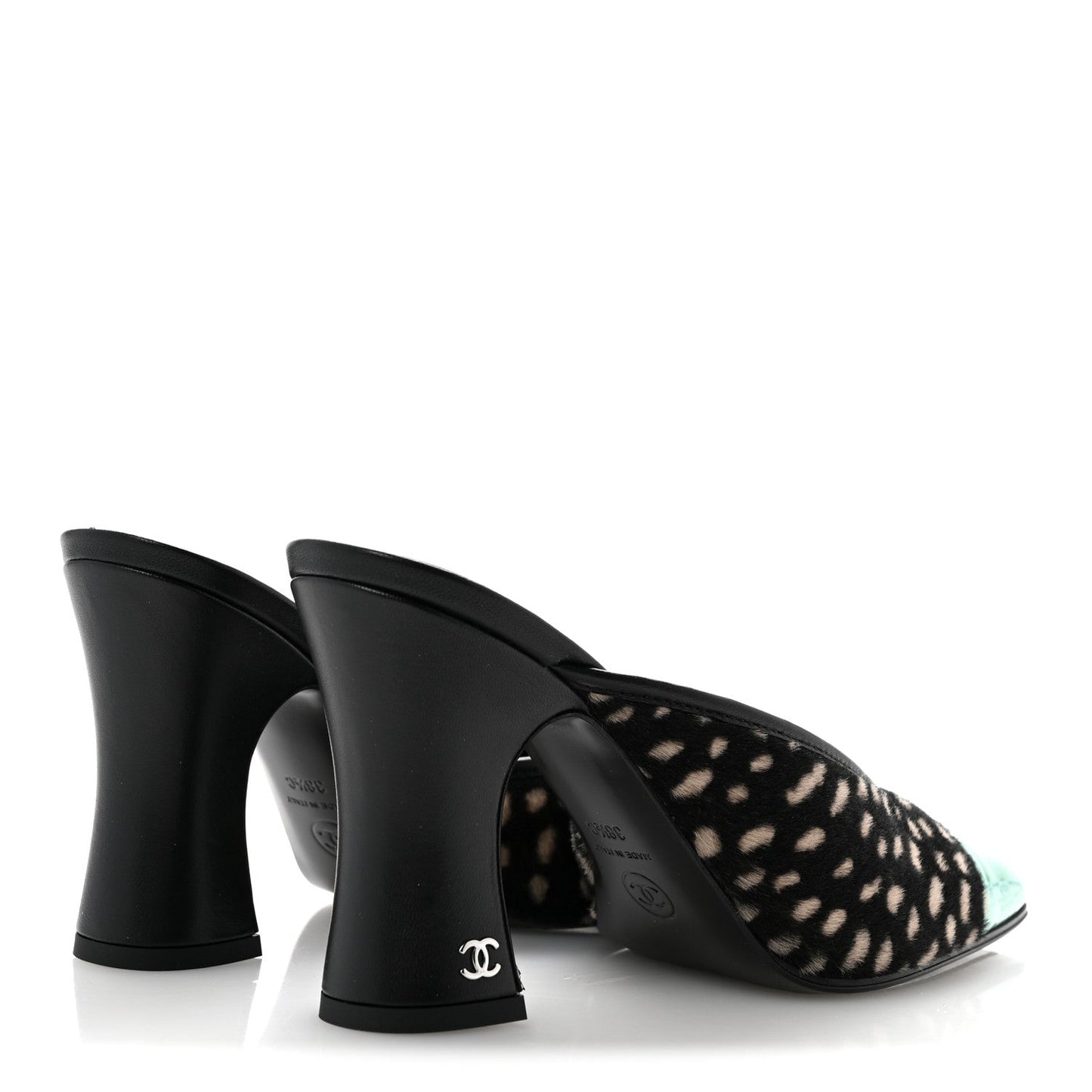 Pony Hair Lambskin Patent Calfskin Cap Toe Mules 38.5 Black White Green