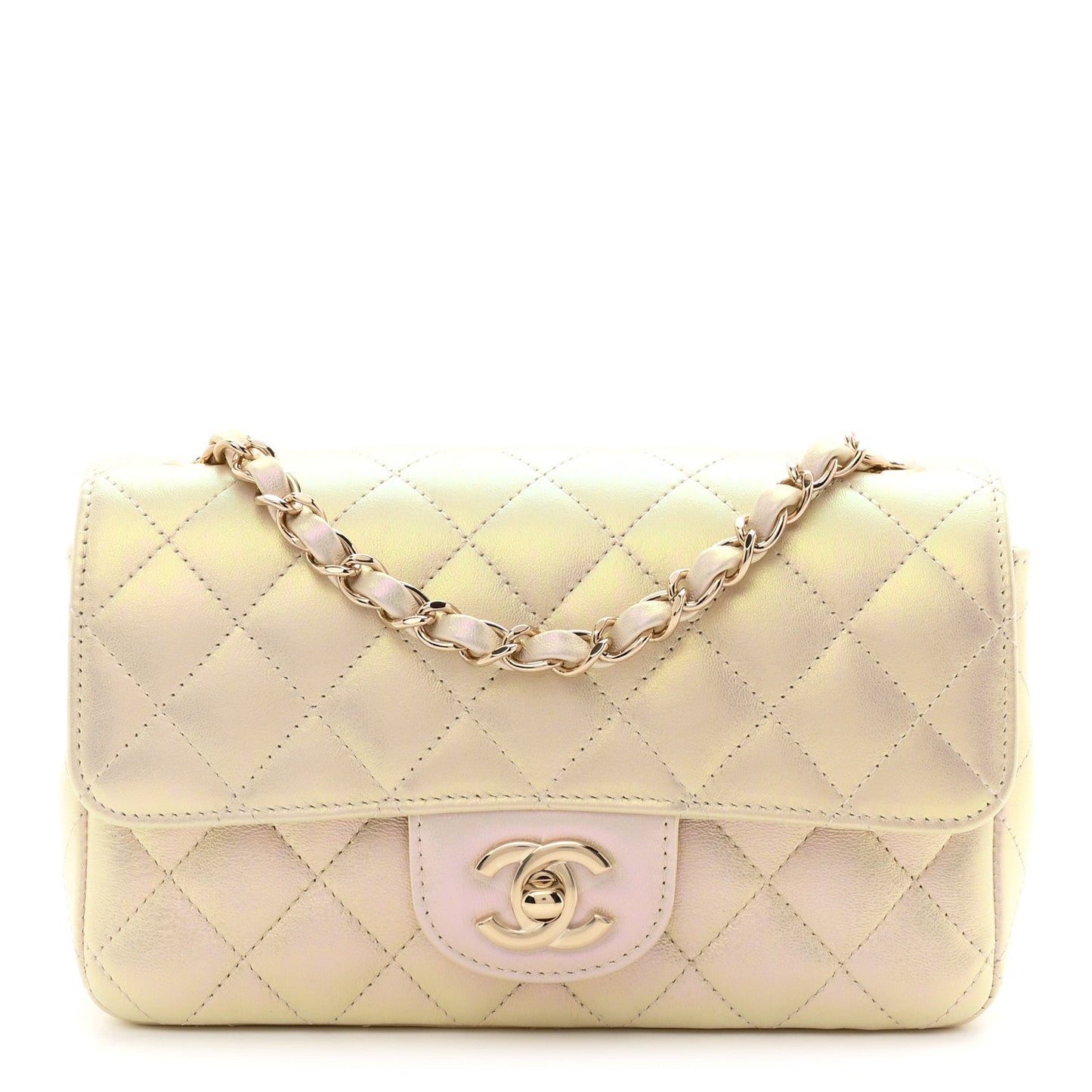 Iridescent Lambskin Quilted Mini Rectangular Flap Ivory