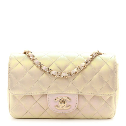 Iridescent Lambskin Quilted Mini Rectangular Flap Ivory