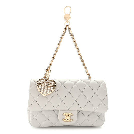 Lambskin Quilted Mini Flap Bag Charm With Hook Grey