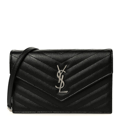 Grain De Poudre Matelasse Chevron Monogram Envelope Chain Wallet Black