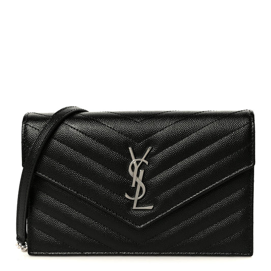 Grain De Poudre Matelasse Chevron Monogram Envelope Chain Wallet Black