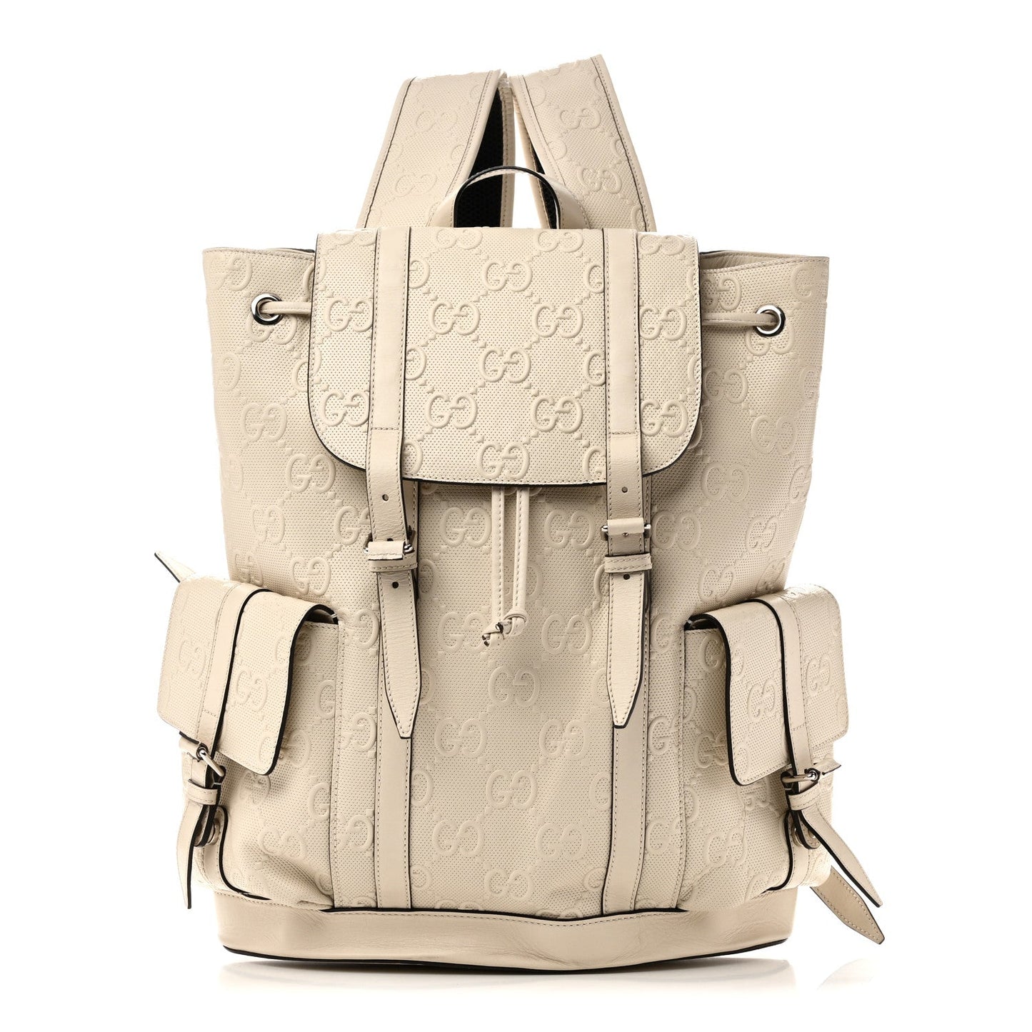 Piuma Calfskin Jumbo GG Embossed Double Buckle Backpack Mystic White