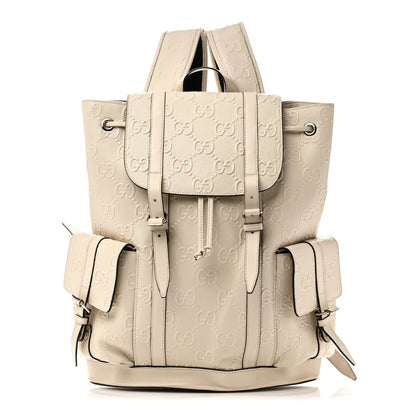 Piuma Calfskin Jumbo GG Embossed Double Buckle Backpack Mystic White
