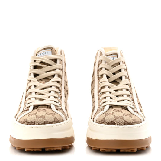 Gucci GG Monogram Mens 1977 Tennis High Top Platform 55mm Sneakers 8.5 Beige Ebony Mystic White