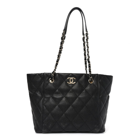 Caviar Quilted Small Shopping Tote Black