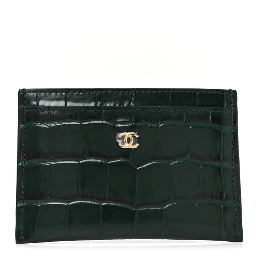 Calfskin Crocodile Embossed Crococo Card Holder Emerald