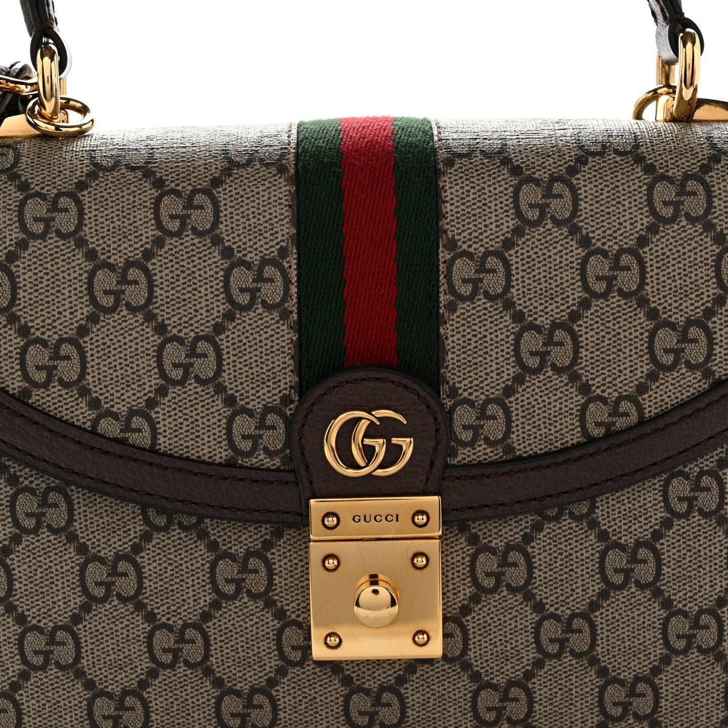 GG Supreme Monogram Textured Dollar Calfskin Web Small Ophidia Padlock Top Handle Bag Beige Ebony New Acero