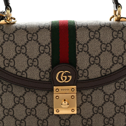 GG Supreme Monogram Textured Dollar Calfskin Web Small Ophidia Padlock Top Handle Bag Beige Ebony New Acero