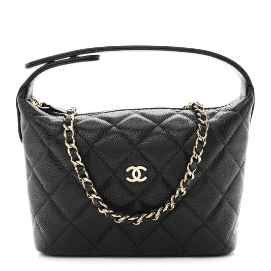 Caviar Quilted Hobo Clutch With Chain Black