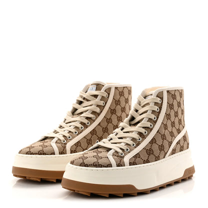 Gucci GG Monogram Mens 1977 Tennis High Top Platform 55mm Sneakers 8.5 Beige Ebony Mystic White