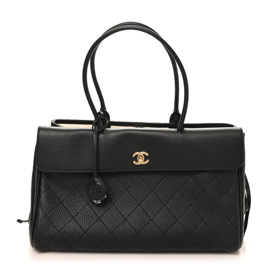 Grained Calfskin Stitched Urban Essentials Medium Shopping Bag Black