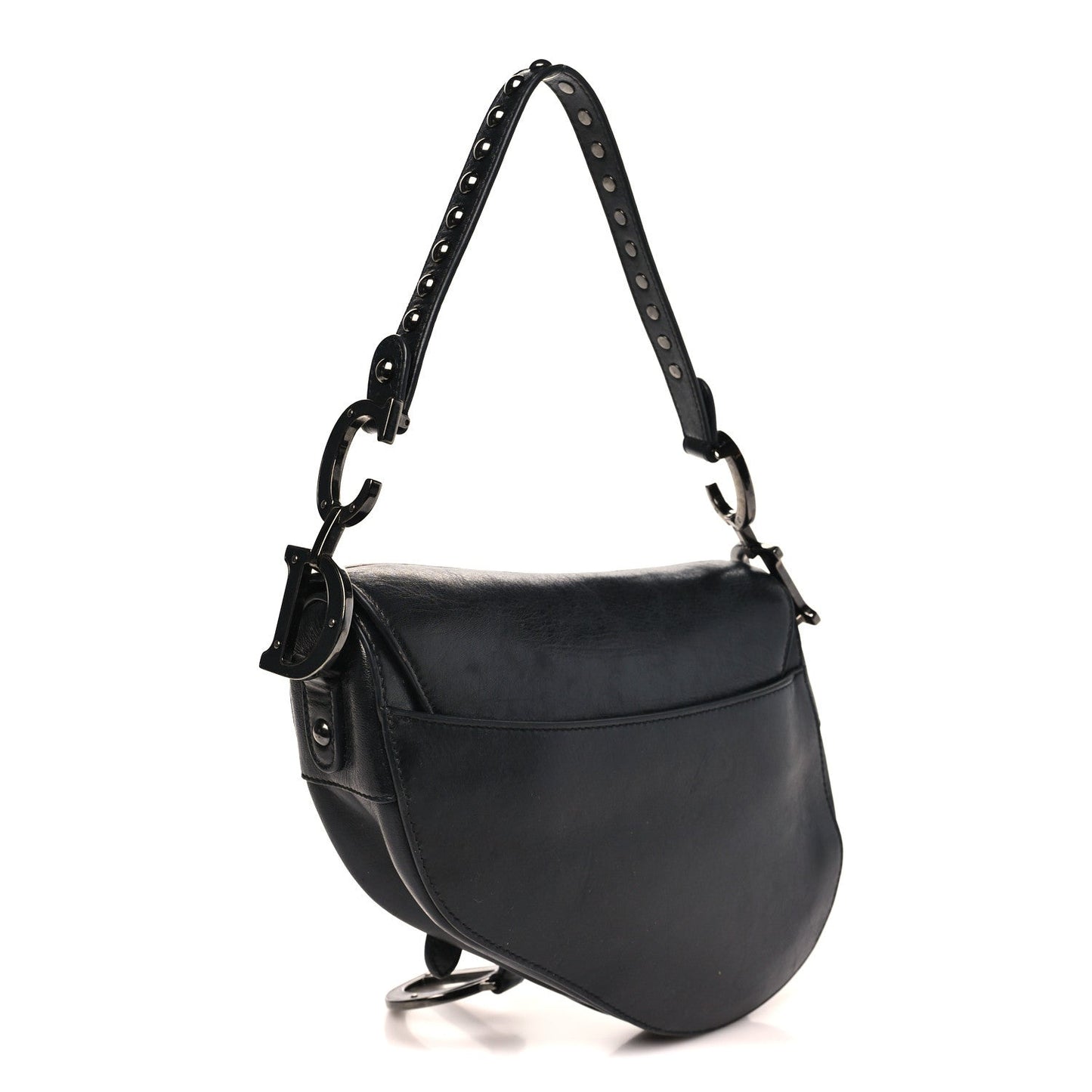 Shiny Crinkled Calfskin Studded Saddle Bag Black