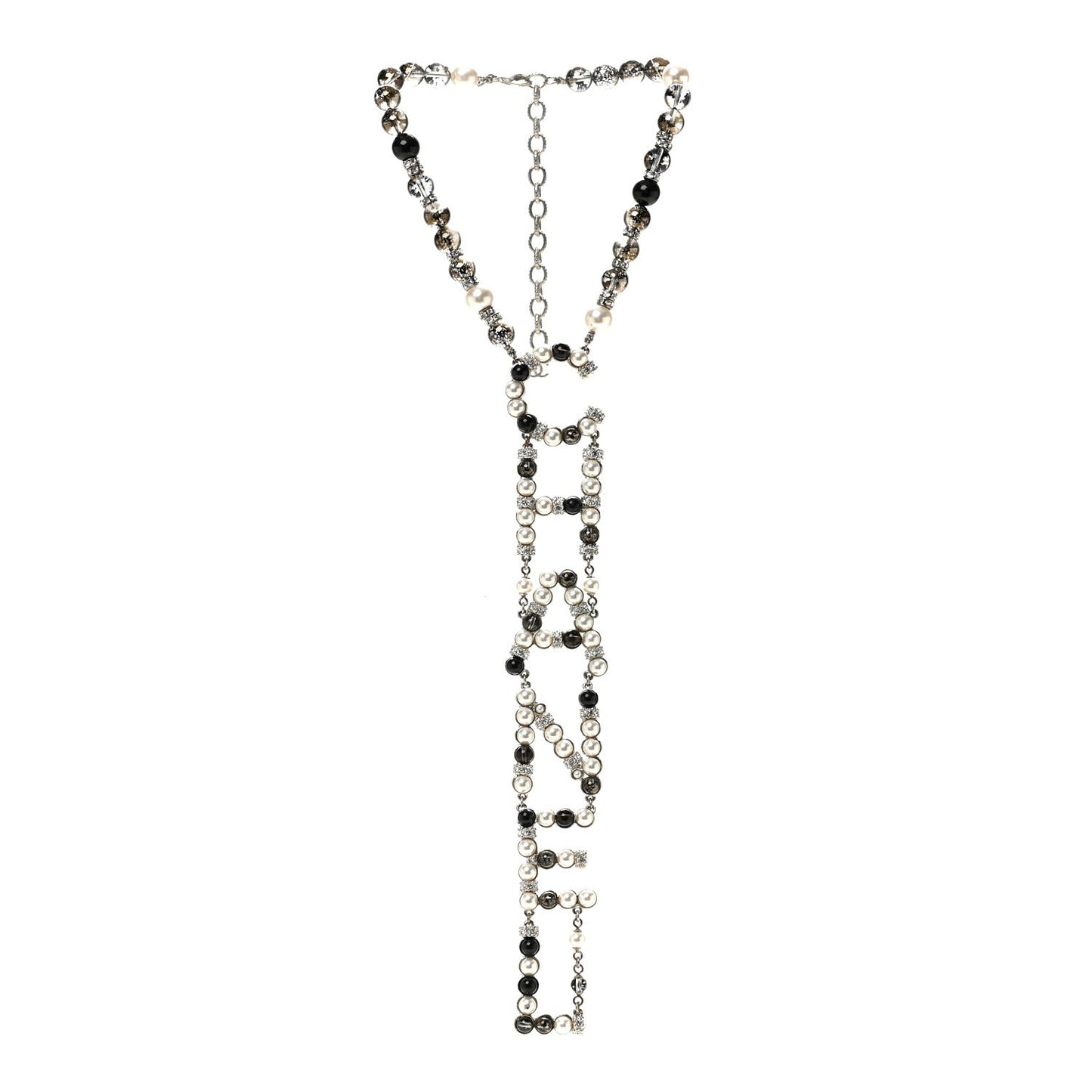 Pearl Crystal Bead Chanel Logo Necklace Silver