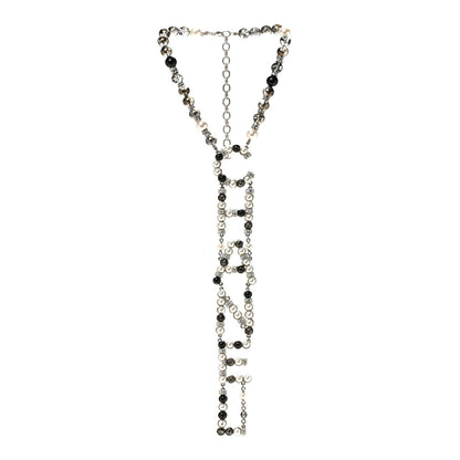 Pearl Crystal Bead Chanel Logo Necklace Silver