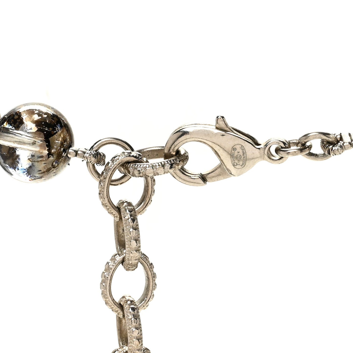 Pearl Crystal Bead Chanel Logo Necklace Silver