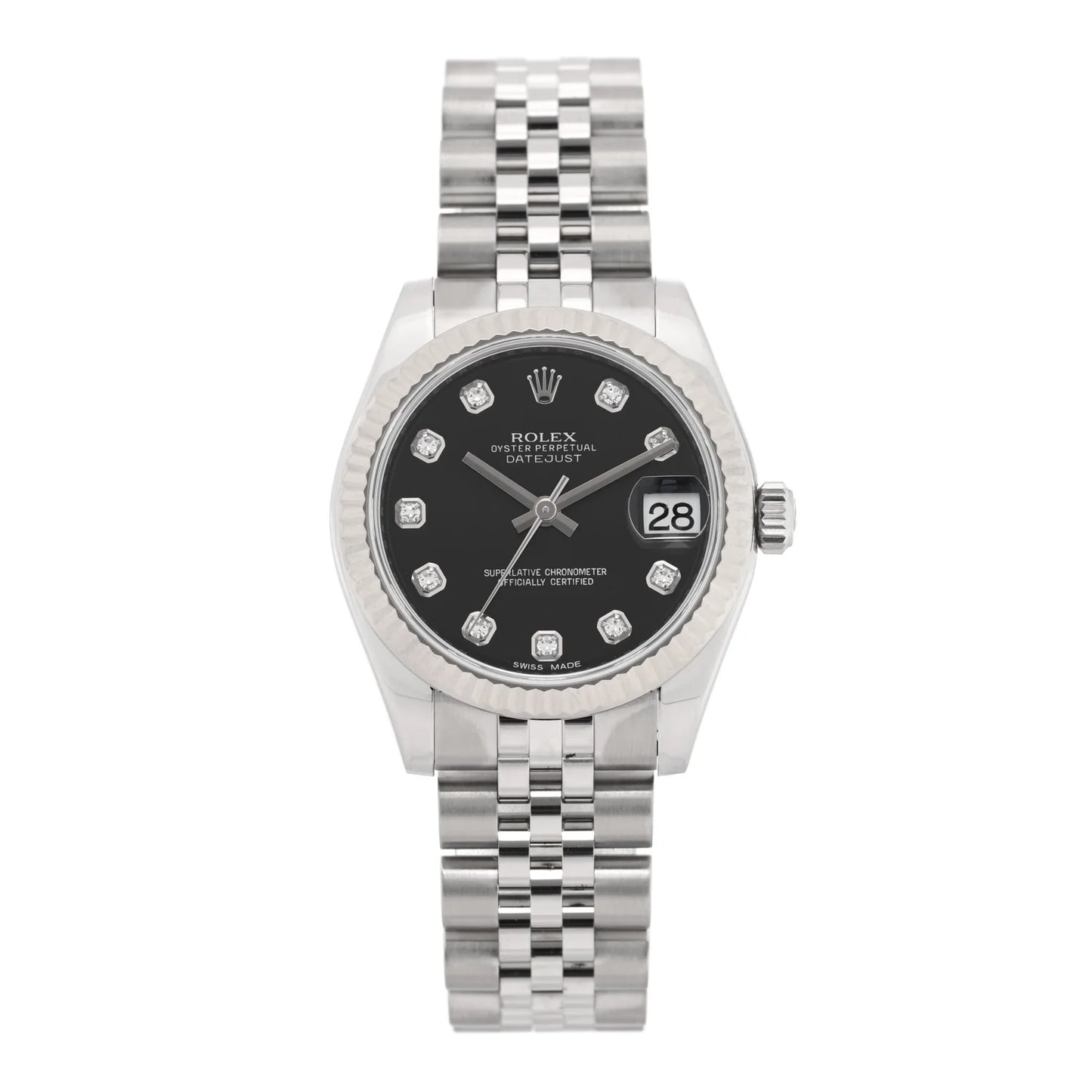 Rolex Stainless Steel 18K White Gold Diamond 31mm Oyster Perpetual Datejust Watch Black 178274