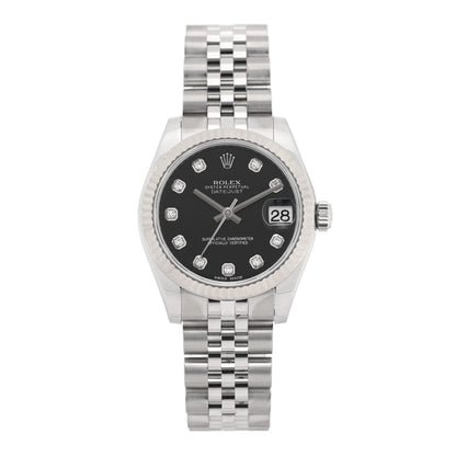 Rolex Stainless Steel 18K White Gold Diamond 31mm Oyster Perpetual Datejust Watch Black 178274
