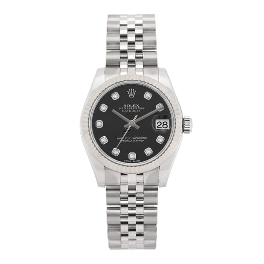 Rolex Stainless Steel 18K White Gold Diamond 31mm Oyster Perpetual Datejust Watch Black 178274
